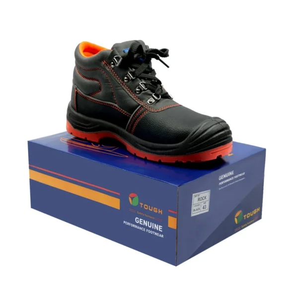 Tough Rock Safety Shoes High – High Ankle Shoes, Buffalo Grain Leather, Orange Air Mesh, Injected Dual Density PU, Steel Toecap & Midsole