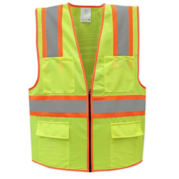 AAA SAFE SAFETY JACKET AAA/SJ-71 – 120 GSM Polyester knitted fabric front + mesh back, high viibility reflective tape with zipper, chest pockets, patch pockets with Velcro flaps